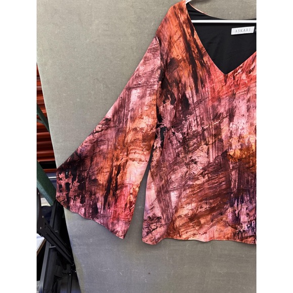 Askari Blouse Womens Large Pink Brown Abstract Flare Sleeve V Neck Art Top USA - Picture 2 of 10